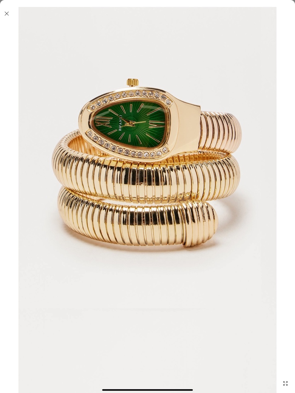 Gold Coiled Bracelet Watch with Green Dial